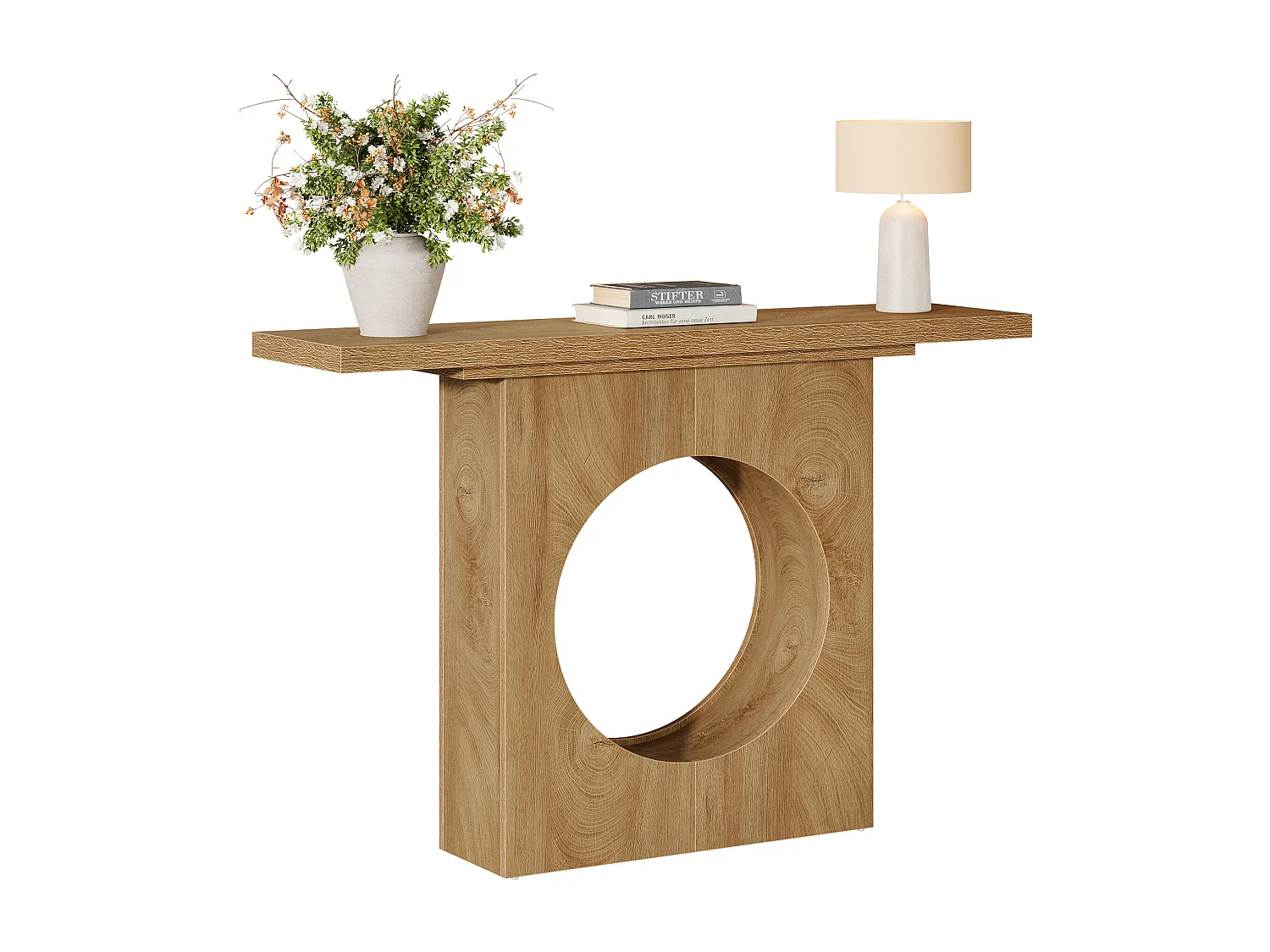 105 cm brede consoletafel in boerderijstijl, kleine haltafel met rond gatontwerp
