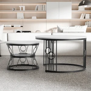 2-delige set bijzettafels – stapelbare ronde tafels voor woonkamer en balkon, MDF en metaal – zwart 2-delige set bijzettafels – stapelbare ronde tafels voor woonkamer en balkon, MDF en metaal – zwart