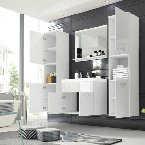 Badkamermeubelset MONTREAL XL, badkamerset, compacte badkamermeubels, inclusief wastafel, kleur wotan/wit hoogglans Badkamermeubelset MONTREAL XL, badkamerset, compacte badkamermeubels, inclusief wastafel, kleur wotan/wit hoogglans