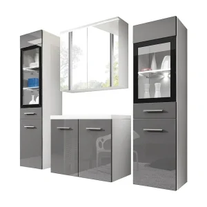 Badkamermeubelset MADRID II, badkamerset, inclusief wastafel, met led-verlichting, kleur wit/grijs hoogglans Badkamermeubelset MADRID II, badkamerset, inclusief wastafel, met led-verlichting, kleur wit/grijs hoogglans