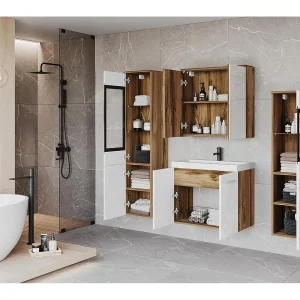 Badkamermeubelset MADRID II, badkamerset, inclusief wastafel, met led-verlichting, kleur wotan/wit hoogglans Badkamermeubelset MADRID II, badkamerset, inclusief wastafel, met led-verlichting, kleur wotan/wit hoogglans