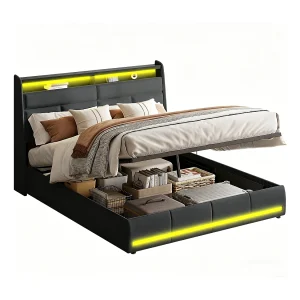 Opbergbed 160×200 cm, Hoofdbord met opbergruimte en LED-verlichting, Lattenbodem, Tweepersoonsbed met hydraulische opbergruimte, PU, Zwart Opbergbed 160×200 cm, Hoofdbord met opbergruimte en LED-verlichting, Lattenbodem, Tweepersoonsbed met hydraulische opbergruimte, PU, Zwart