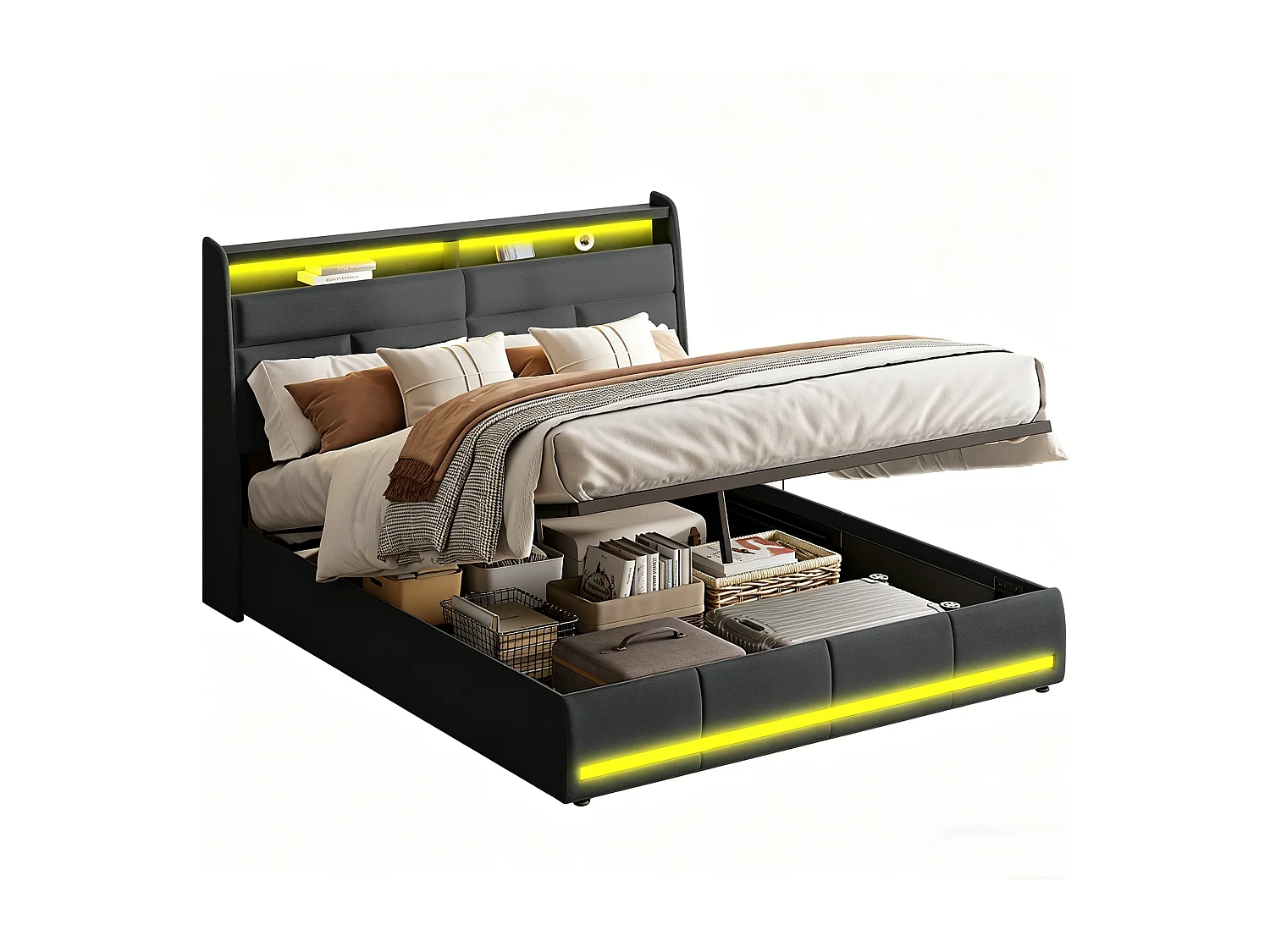 Opbergbed 160x200 cm, Hoofdbord met opbergruimte en LED-verlichting, Lattenbodem, Tweepersoonsbed met hydraulische opbergruimte, PU, Zwart