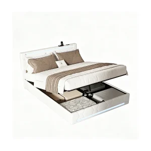 Bed 160 x 200 cm , gestoffeerd tweepersoonsbed met ledverlichting en usb-poort, hydraulische opbergruimte, in hoogte verstelbaar hoofdeinde, beddengoed, beige Bed 160 x 200 cm , gestoffeerd tweepersoonsbed met ledverlichting en usb-poort, hydraulische opbergruimte, in hoogte verstelbaar hoofdeinde, beddengoed, beige