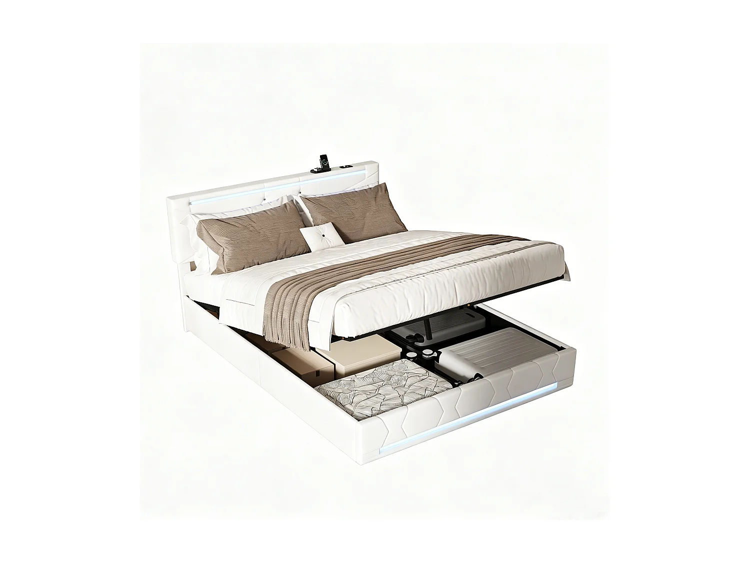 Bed 160 x 200 cm , gestoffeerd tweepersoonsbed met ledverlichting en usb-poort, hydraulische opbergruimte, in hoogte verstelbaar hoofdeinde, beddengoed, beige