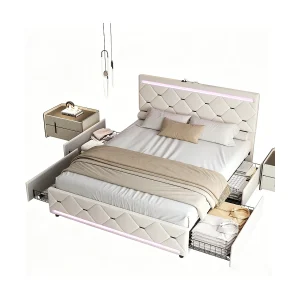 Bed 140 x 190 cm, gestoffeerd bed met draagfunctie, hoofdbord met lichtbalk en 4 lades, tweepersoonsbed met lattenbodem, fluweel, beige Bed 140 x 190 cm, gestoffeerd bed met draagfunctie, hoofdbord met lichtbalk en 4 lades, tweepersoonsbed met lattenbodem, fluweel, beige