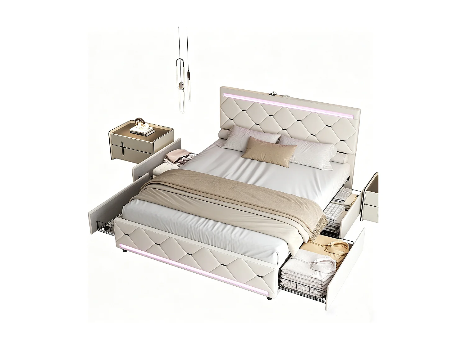 Bed 140 x 190 cm, gestoffeerd bed met draagfunctie, hoofdbord met lichtbalk en 4 lades, tweepersoonsbed met lattenbodem, fluweel, beige