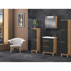 Badkamerset 60 cm Alma Kolommen Kast met spiegel Eiken Wotan / Mat zwart Badkamerset 60 cm Alma Kolommen Kast met spiegel Eiken Wotan / Mat zwart