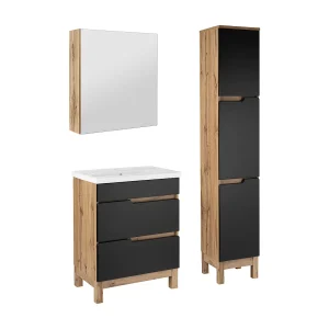 Badkamerset 60 cm Alma Kolom Kast met spiegel Eiken Wotan / Mat zwart Badkamerset 60 cm Alma Kolom Kast met spiegel Eiken Wotan / Mat zwart
