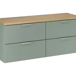 Badkamerset OSTER 120cm: onderkast met saliegroene laden + wastafelblad in lichte eikenlook Badkamerset OSTER 120cm: onderkast met saliegroene laden + wastafelblad in lichte eikenlook