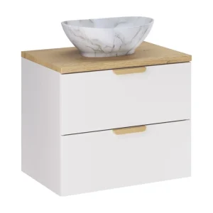 Badkamerset OSTER 60cm: onderkast met laden + blad voor wastafel + opbouwwastafel in gemarmerd wit Badkamerset OSTER 60cm: onderkast met laden + blad voor wastafel + opbouwwastafel in gemarmerd wit