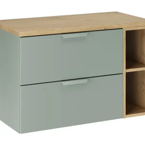 Badkamerset OSTER 80cm hangend: onderkast met lades in saliegroen en zichtbare nissen + blad voor wastafel Badkamerset OSTER 80cm hangend: onderkast met lades in saliegroen en zichtbare nissen + blad voor wastafel