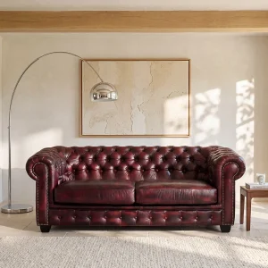 Driezitsbank Chesterfield BRENTON 100% buffelleer – cherry Driezitsbank Chesterfield BRENTON 100% buffelleer – cherry