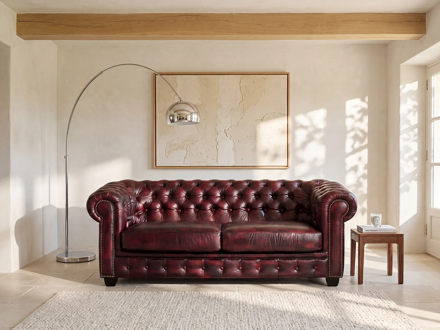 Driezitsbank Chesterfield BRENTON 100% buffelleer - cherry