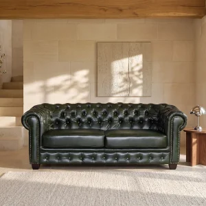 Driezitsbank Chesterfield BRENTON 100% buffelleer – groen Driezitsbank Chesterfield BRENTON 100% buffelleer – groen
