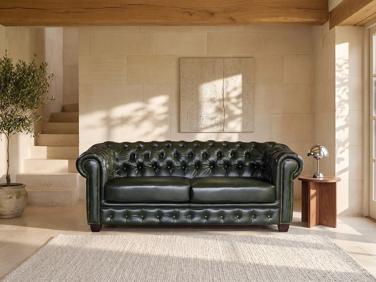 Driezitsbank Chesterfield BRENTON 100% buffelleer - groen