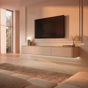 Zwevend tv-meubel 3 deuren met LEDs – Beige en licht naturel – AJUGA Zwevend tv-meubel 3 deuren met LEDs – Beige en licht naturel – AJUGA