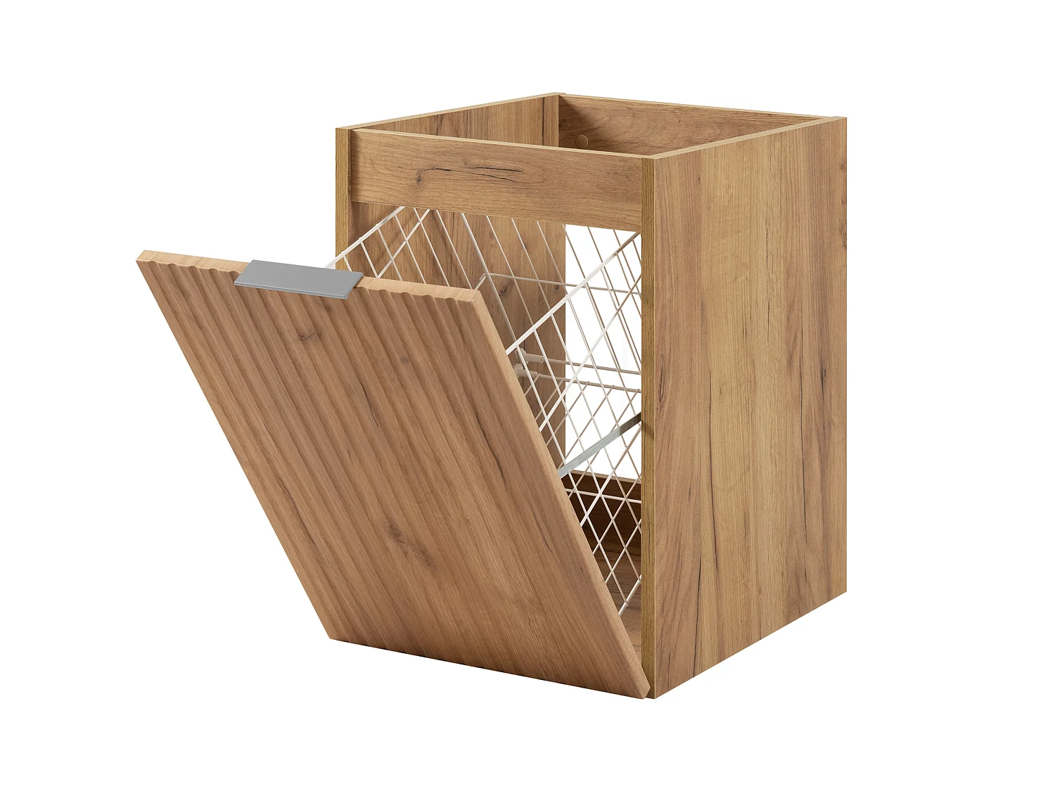 Badezimmerschrank mit Wäschekorb, Eiche Craft, 40 x 57 x 46 cm, silberne Griffe