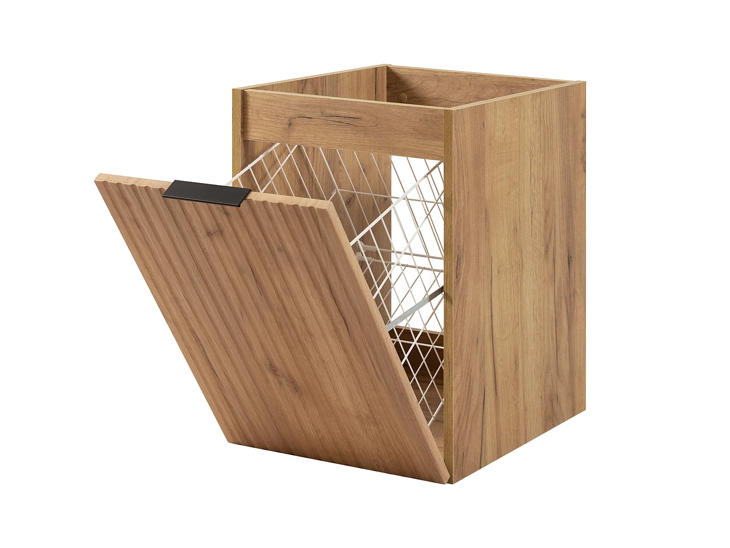 Badezimmerschrank mit Wäschekorb, Eiche Craft, 40 x 57 x 46 cm, schwarze Griffe