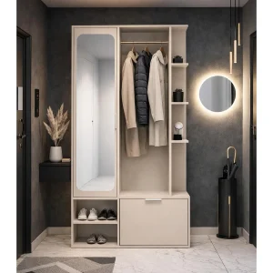 AX LIVING Kapstok Nemrut Beige met Spiegel – Halmeubel met Opbergruimte AX LIVING Kapstok Nemrut Beige met Spiegel – Halmeubel met Opbergruimte