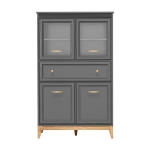 AX LIVING Vitrinekast Nymphen Donkergrijs Glas 4 Deuren 1 Lade MDF Eiken Poten AX LIVING Vitrinekast Nymphen Donkergrijs Glas 4 Deuren 1 Lade MDF Eiken Poten