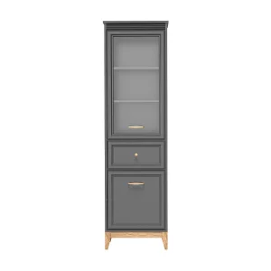 AX LIVING Smalle Vitrinekast Nymphen Donkergrijs Glas 2 Deuren 1 Lade MDF Eiken Poten AX LIVING Smalle Vitrinekast Nymphen Donkergrijs Glas 2 Deuren 1 Lade MDF Eiken Poten
