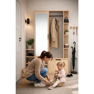 AX LIVING Kapstok Nemrut Houtlook met Spiegel – Halmeubel met Opbergruimte AX LIVING Kapstok Nemrut Houtlook met Spiegel – Halmeubel met Opbergruimte