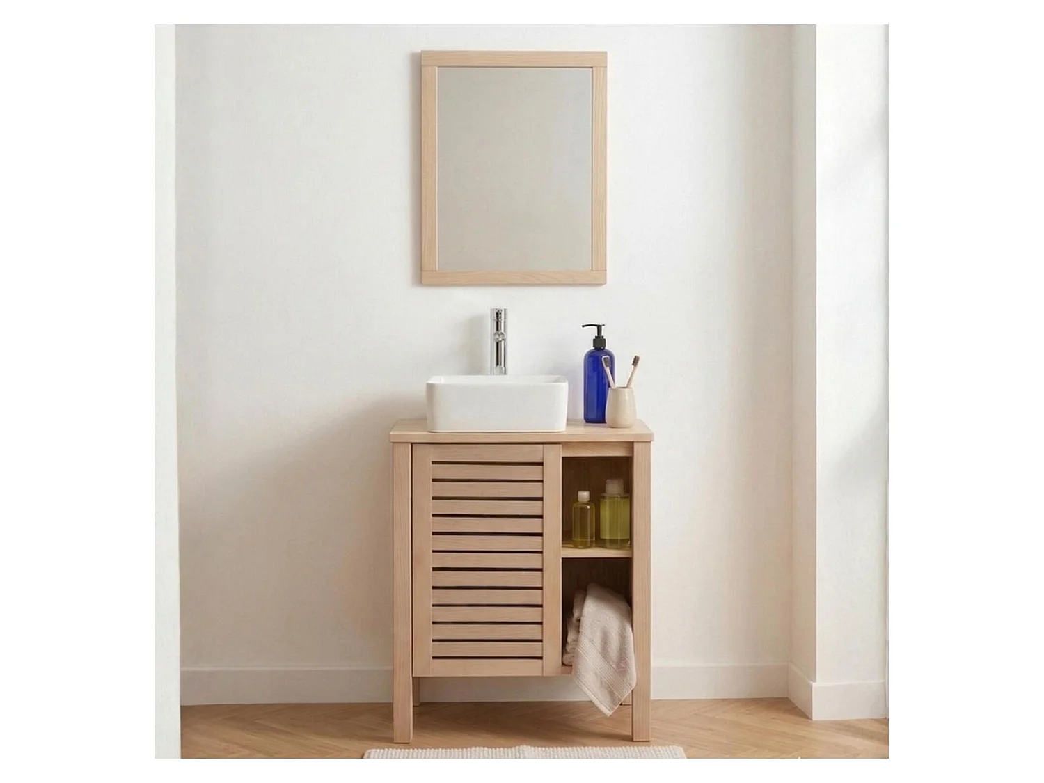 Badmeubel 60cm eiken, wasbak, kraan en spiegel TALIX