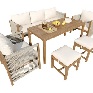 7-persoons houten tuinset: 3-zitsbank, 2 fauteuils en een salontafel – Beige 7-persoons houten tuinset: 3-zitsbank, 2 fauteuils en een salontafel – Beige