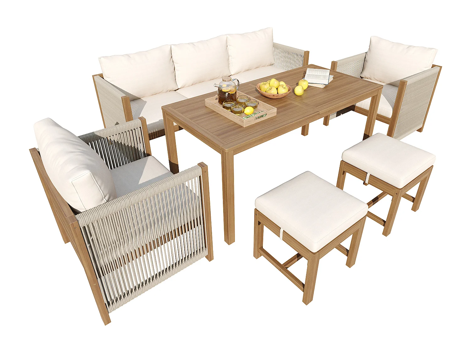 7-persoons houten tuinset: 3-zitsbank, 2 fauteuils en een salontafel - Beige