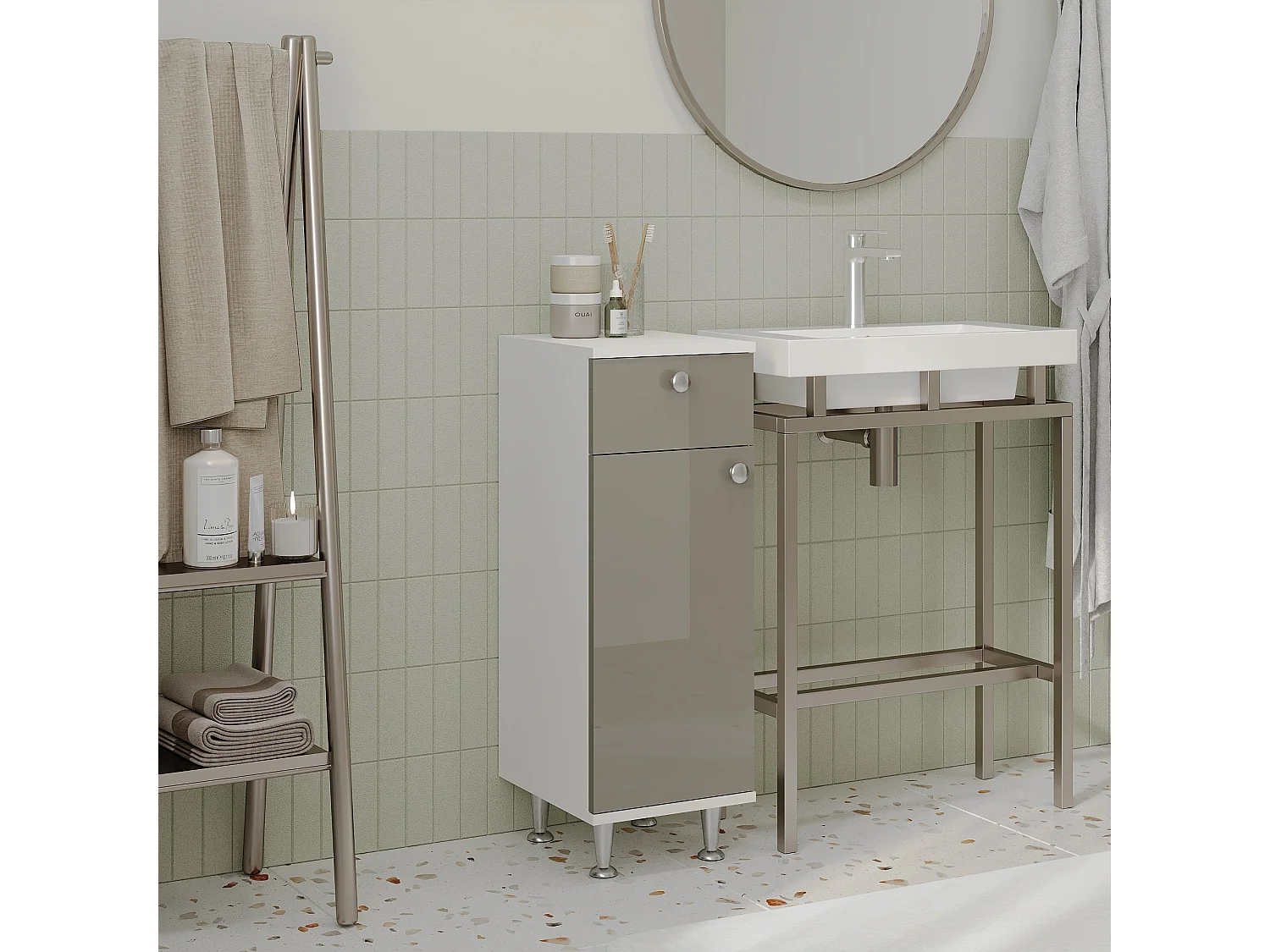Badkamerkast Zaria, 1 Lade, 1 deur, grijs hoogglans/wit, MDF, L 30 x l 35 x H 85 cm