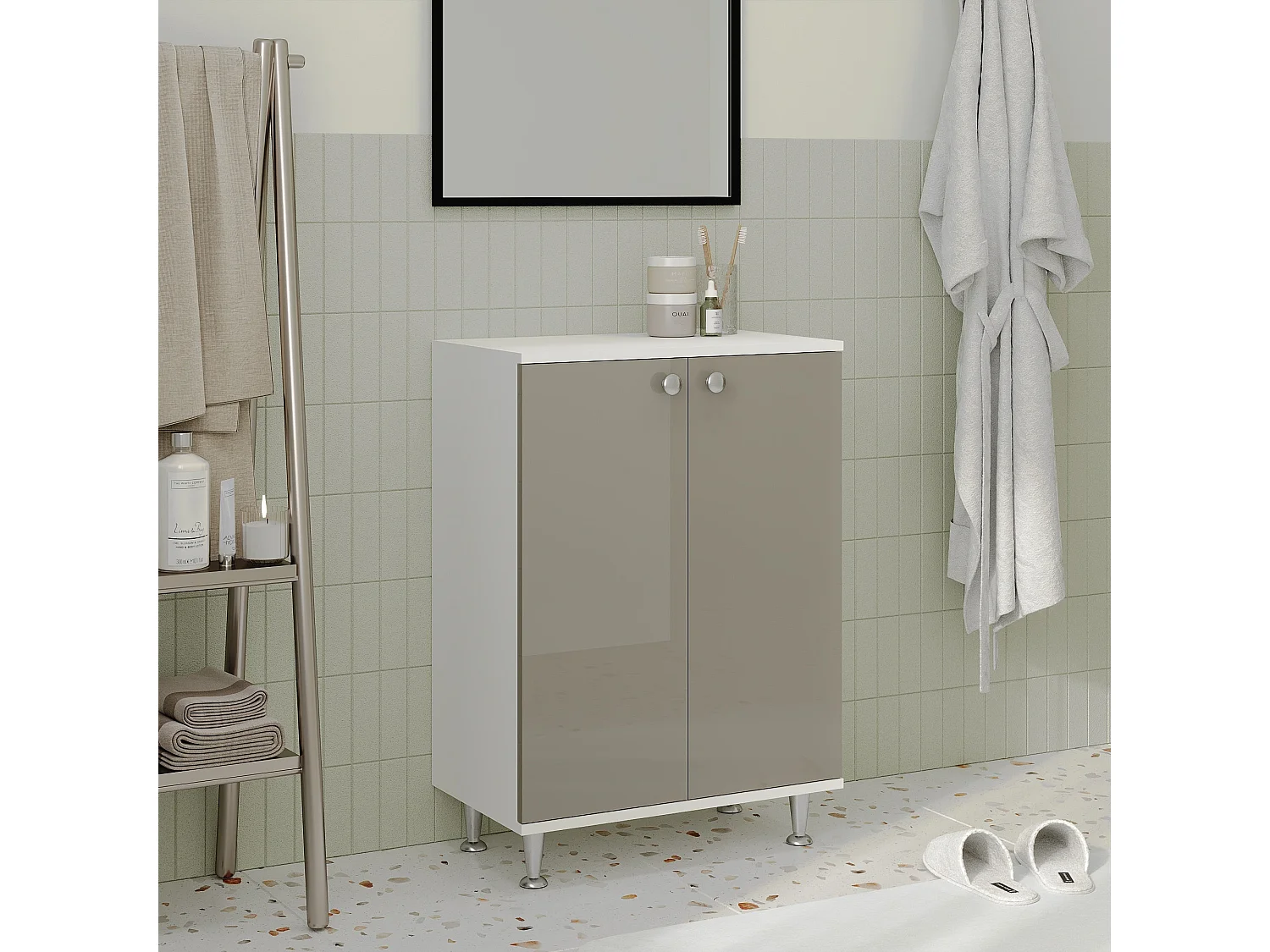 Badkamerkast Zaria, 2 deuren, grijs hoogglans/wit, MDF, L 60 x l 35 x H 85 cm