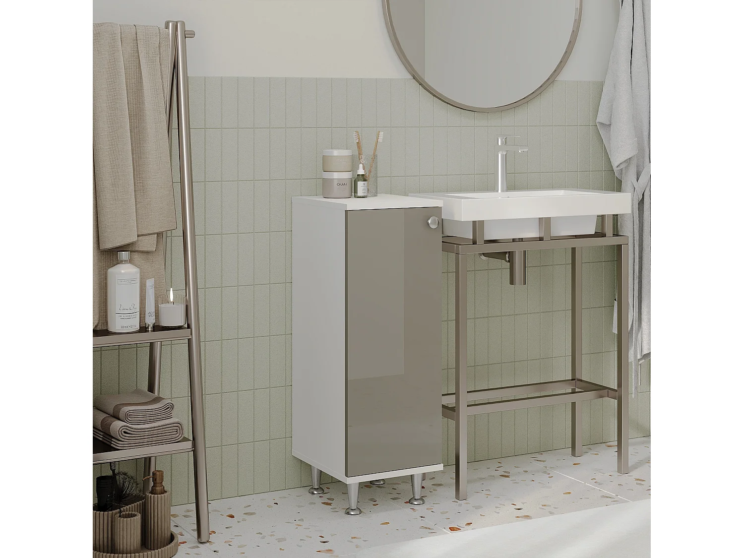 Badkamerkast Zaria, 1 deur, grijs hoogglans/wit, MDF, L 30 x l 35 x H 85 cm