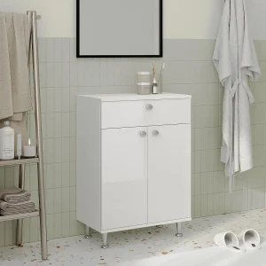 Badkamerkast Zaria, 1 Lade, 2 deuren, wit hoogglans/wit, MDF, L 60 x l 35 x H 85 cm Badkamerkast Zaria, 1 Lade, 2 deuren, wit hoogglans/wit, MDF, L 60 x l 35 x H 85 cm