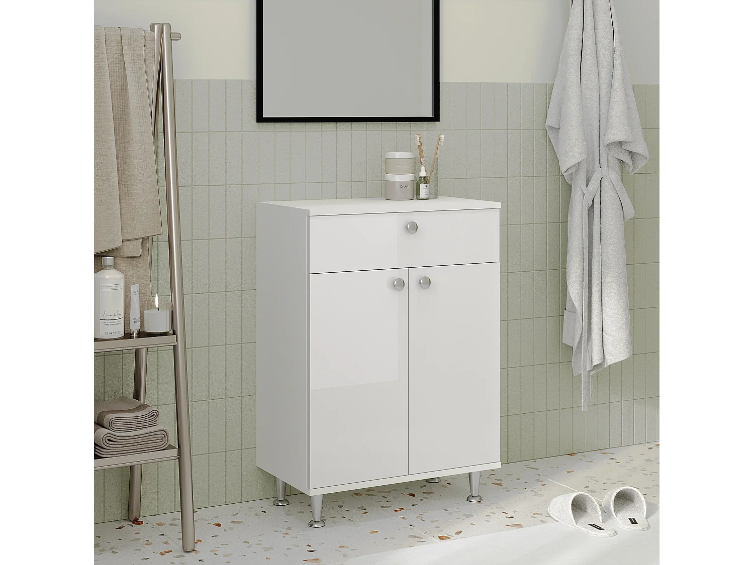 Badkamerkast Zaria, 1 Lade, 2 deuren, wit hoogglans/wit, MDF, L 60 x l 35 x H 85 cm