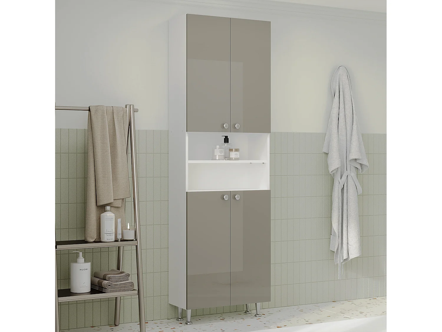 Badkamerkolomkast Zaria, 4 deuren, grijs hoogglans/wit, MDF, L 60 x l 27 x H 190 cm