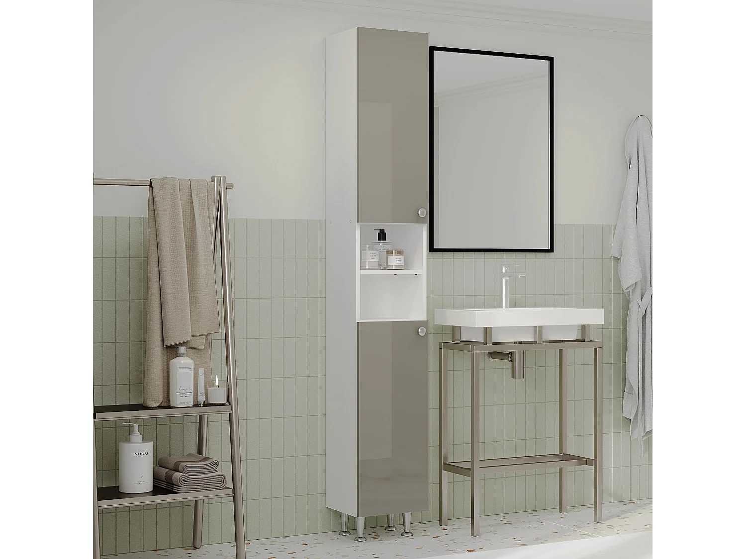 Badkamerkolomkast Zaria, 2 deuren, grijs hoogglans/wit, MDF, L 30 x l 27 x H 190 cm