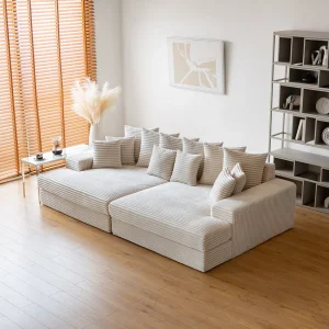4-Zits Ribfluwelen Bank Beige Diepe Zit Comfortabel 4-Zits Ribfluwelen Bank Beige Diepe Zit Comfortabel