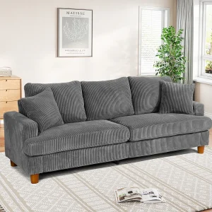 3-zitsbank van corduroy, moderne grote gestoffeerde rechte bank met extra diepe zitplaatsen van 53 cm – 2 kussens – 220x76x84cm – grijs 3-zitsbank van corduroy, moderne grote gestoffeerde rechte bank met extra diepe zitplaatsen van 53 cm – 2 kussens – 220x76x84cm – grijs