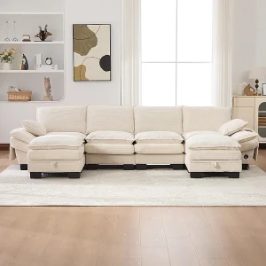 4-zitsbank van corduroy, met twee voetsteunen, schuim met hoge dichtheid, USB-C-poort en zijvakken, beige 4-zitsbank van corduroy, met twee voetsteunen, schuim met hoge dichtheid, USB-C-poort en zijvakken, beige