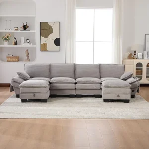 4-zitsbank van corduroy, met twee voetsteunen, schuim met hoge dichtheid, USB-C-poort en zijvakken, lichtgrijs 4-zitsbank van corduroy, met twee voetsteunen, schuim met hoge dichtheid, USB-C-poort en zijvakken, lichtgrijs