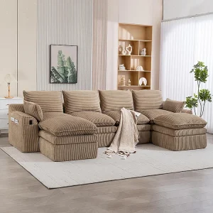 4-zitsbank (met voetensteun), van corduroy, met kussens en zijvakken, vulling van schuim en veren, kleur kaki 4-zitsbank (met voetensteun), van corduroy, met kussens en zijvakken, vulling van schuim en veren, kleur kaki