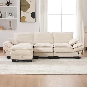 3-zitsbank van corduroy, inclusief voetensteun, schuim met hoge dichtheid, USB-C-poort en zijvakken, beige 3-zitsbank van corduroy, inclusief voetensteun, schuim met hoge dichtheid, USB-C-poort en zijvakken, beige