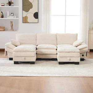 3-zitsbank van corduroy, met twee voetsteunen, schuim met hoge dichtheid, USB-C-poort en zijvakken, beige 3-zitsbank van corduroy, met twee voetsteunen, schuim met hoge dichtheid, USB-C-poort en zijvakken, beige
