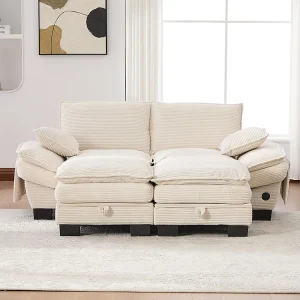 2-zitsbank van corduroy, met twee voetsteunen, schuim met hoge dichtheid, USB-C-poort en zijvakken, beige 2-zitsbank van corduroy, met twee voetsteunen, schuim met hoge dichtheid, USB-C-poort en zijvakken, beige