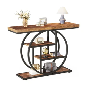 41,5" Industriële consoletafel met 4 lagen en ronde basis, smalle houten bijzettafels met opbergplanken voor woonkamer, gang, hal, rustiek bruin 41,5" Industriële consoletafel met 4 lagen en ronde basis, smalle houten bijzettafels met opbergplanken voor woonkamer, gang, hal, rustiek bruin