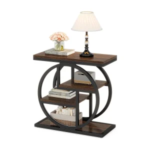 4-laags smalle bijzettafel met opbergplanken, industrieel nachtkastje voor slaapkamer, kleine houten bank met geometrisch metalen frame, bruin
