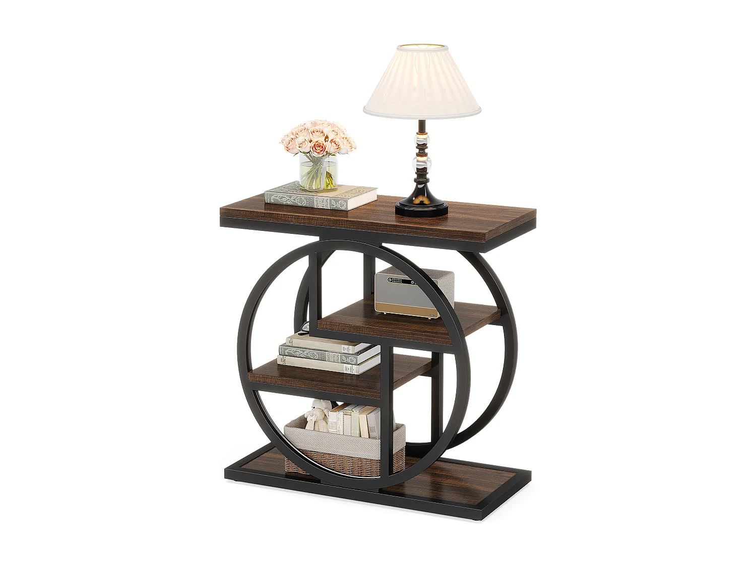 4-laags smalle bijzettafel met opbergplanken, industrieel nachtkastje voor slaapkamer, kleine houten bank met geometrisch metalen frame, bruin