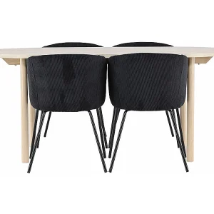 Andy eethoek tafel 90x180cm en 4 fluwelen stoelen met armleuningen whitewash.