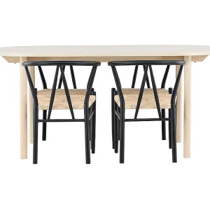 Andy eethoek tafel 90x180cm en 4 stoelen met armleuningen stapelbaar whitewash.